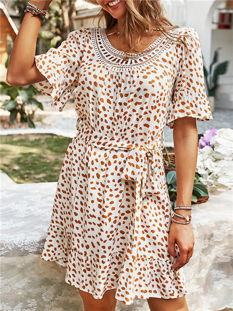 Polka Dot Print Round Neck Short Sleeve Loose Dress