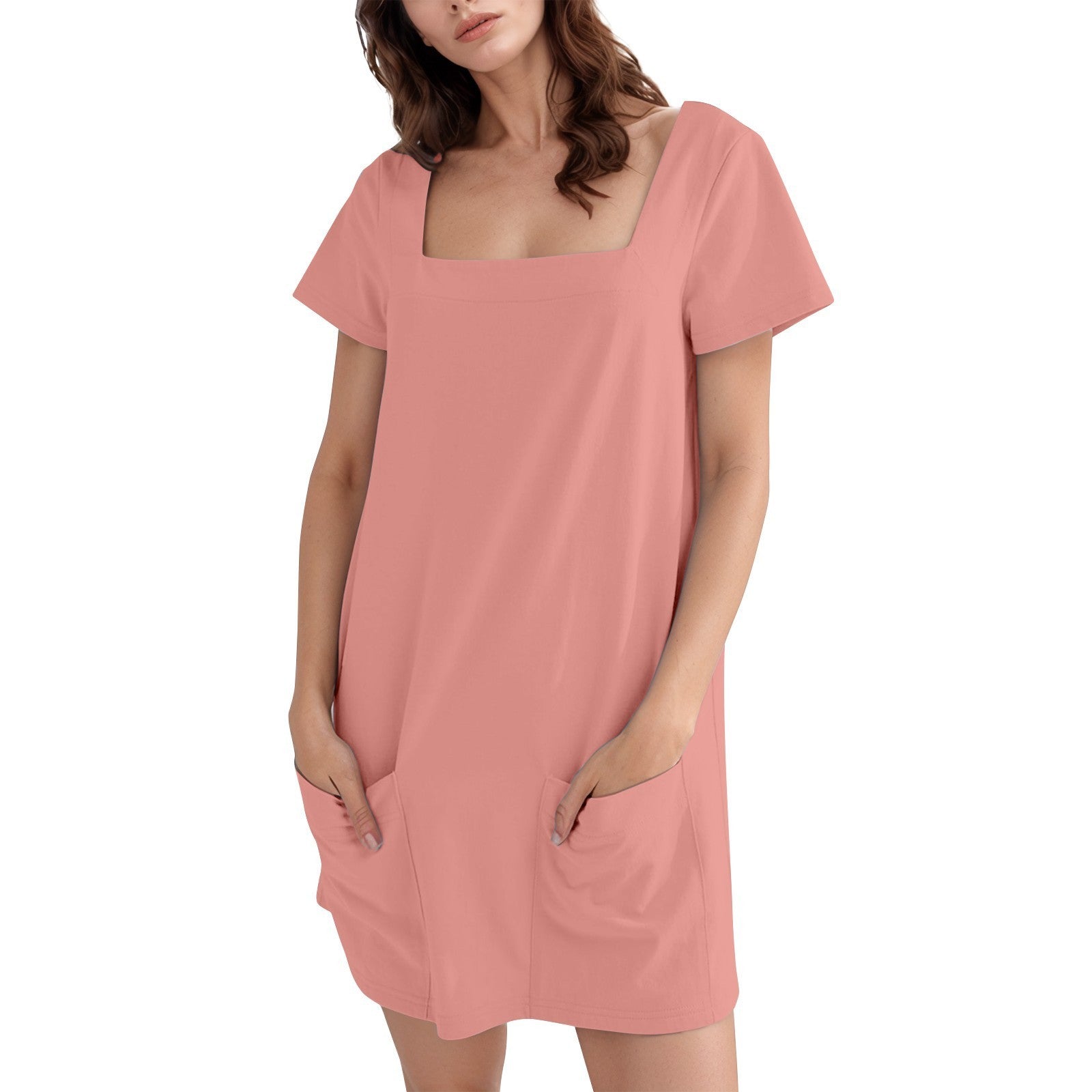 Women's Square Collar Short Sleeve Fashion Short Skirt Pocket Casual Dress