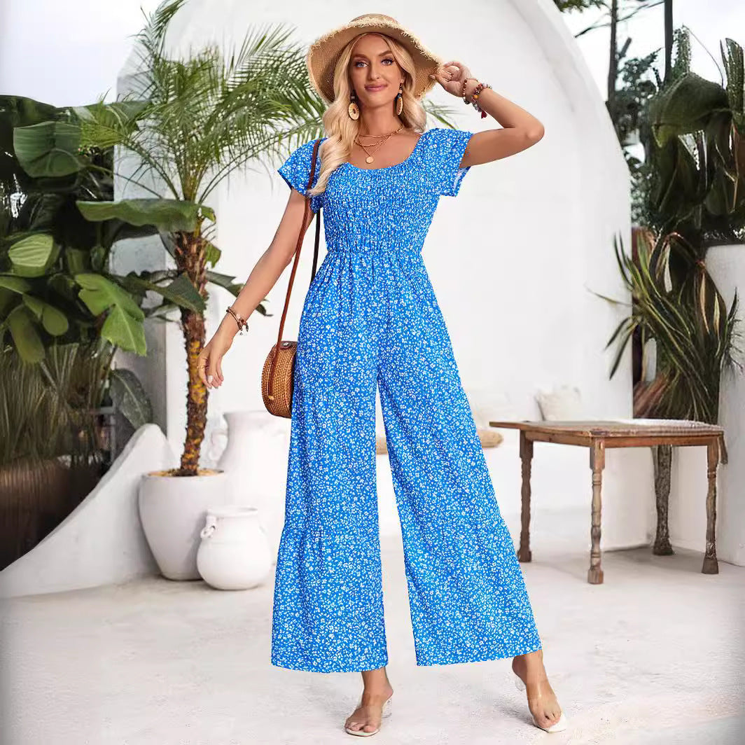 Printed Round Neck Smocking Jumpsuit Women's Clothing