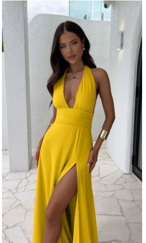 Halterneck V-neck Slit Dress Summer Backless Strappy Skirt Fashion Temperament Clothing Women
